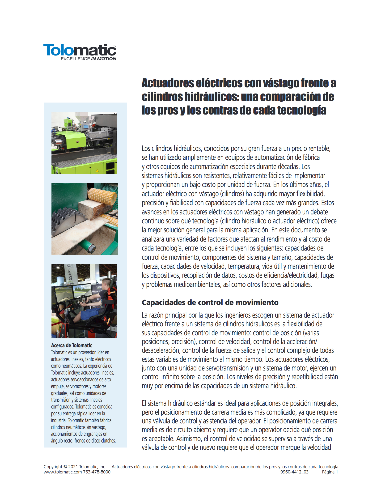Actuadores eléctricos con vástago frente a cilindros hidráulicos: una comparación de los pros y los contras de cada tecnología (Spanish - White paper - Electric vs Hydraulic Actuators)